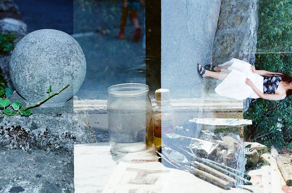 Intriguing collage blending natural textures, art supplies, and reflections with a thoughtful composition.